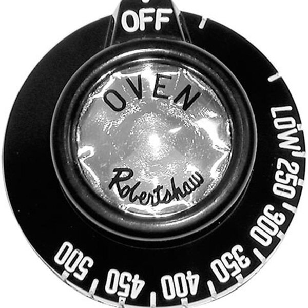 A black and white All Points oven thermostat dial with white text on a round metal surface.