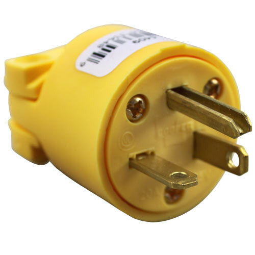 A yellow All Points NEMA 6-20P electrical plug with two gold plugs.