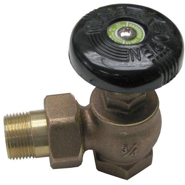 A brass All Points steam supply valve with a black knob on it.