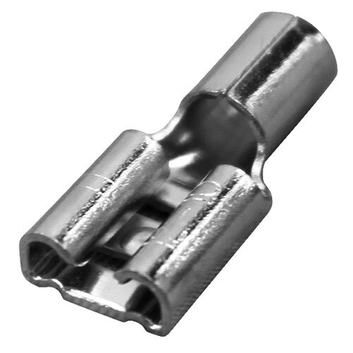 A nickel plated female quick disconnect with two 1/4" tab holes.