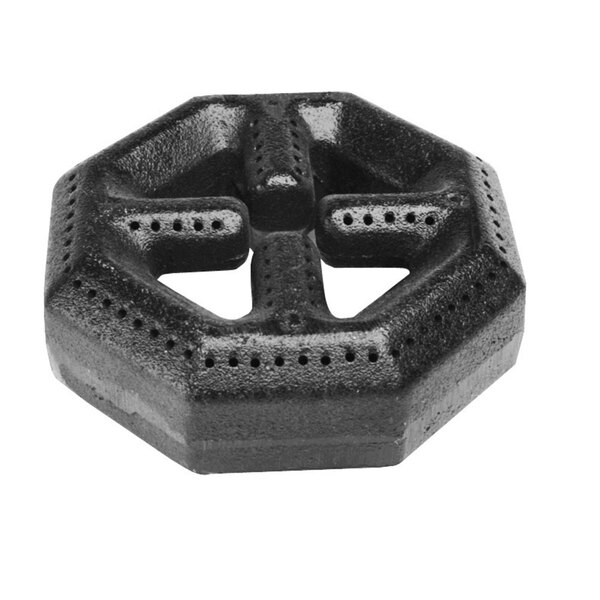 A black octagonal cast iron range burner head with holes.