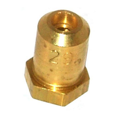 A close-up of a gold brass hood orifice nut with numbers on it.
