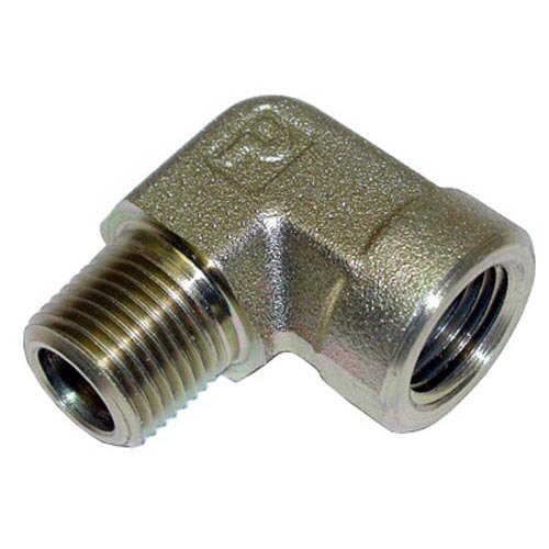 A close-up of a stainless steel threaded pipe fitting.