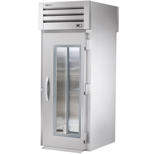 The stainless steel door of a True Spec Series roll-through refrigerator.