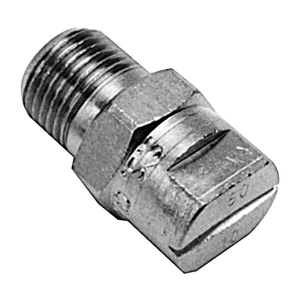 A stainless steel threaded pipe fitting with a bolt on it.