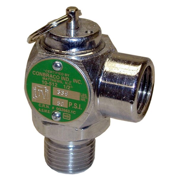 A chrome metal All Points steam safety relief valve with green handle.