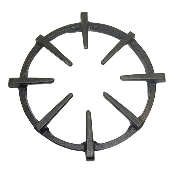 A black cast iron spider grate with sharp spikes and five holes.