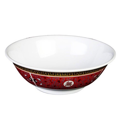 A white Thunder Group Longevity melamine bowl with a black and yellow design on the rim.