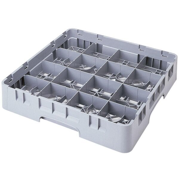 A soft gray plastic Cambro glass rack with 16 compartments.