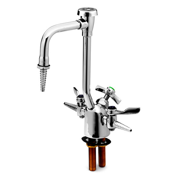A silver T&S combination gas and water faucet with a handle and hose.