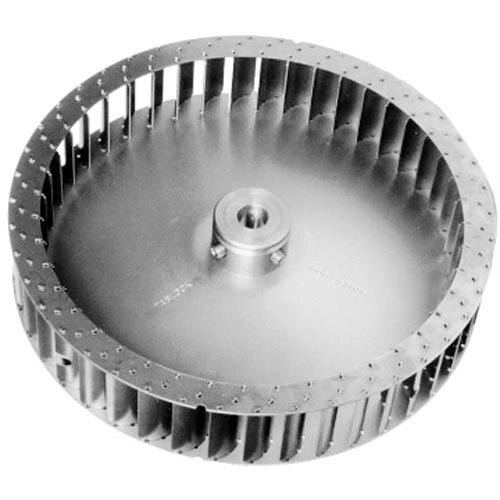A circular metal All Points blower wheel with holes.