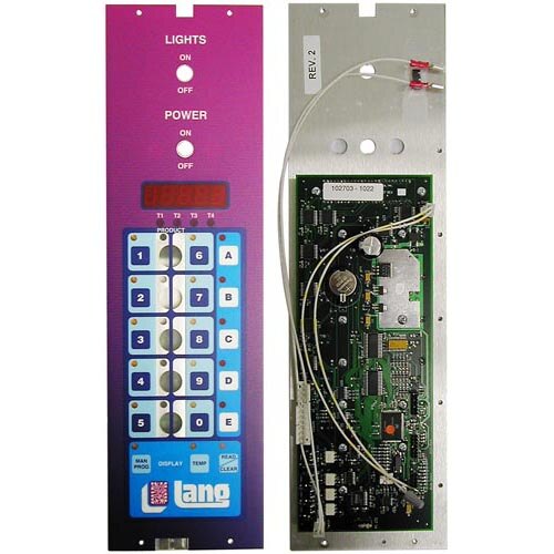 A purple and white All Points control board for ovens with a close-up of a circuit board.