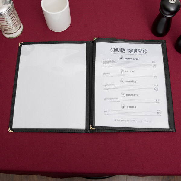 8 1/2" x 11" Three Pocket Clear Fold Over Menu Cover Black