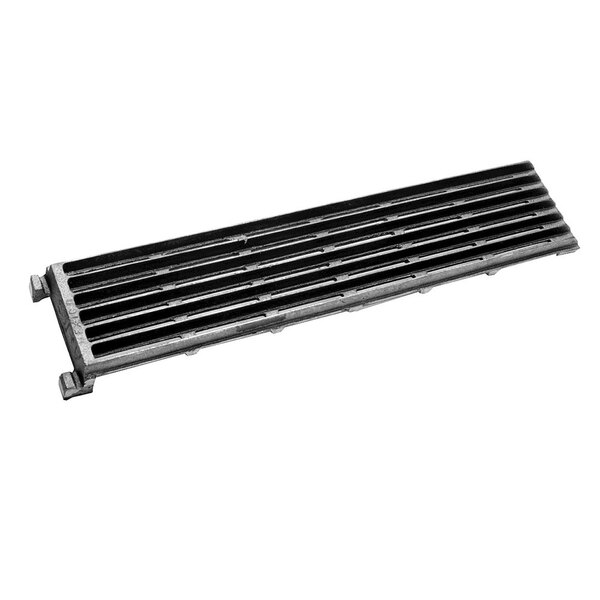 A black metal cast iron reversible broiler grate with rows of holes.