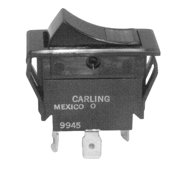 A black All Points On/Off lighted rocker switch with the word Carling on it.