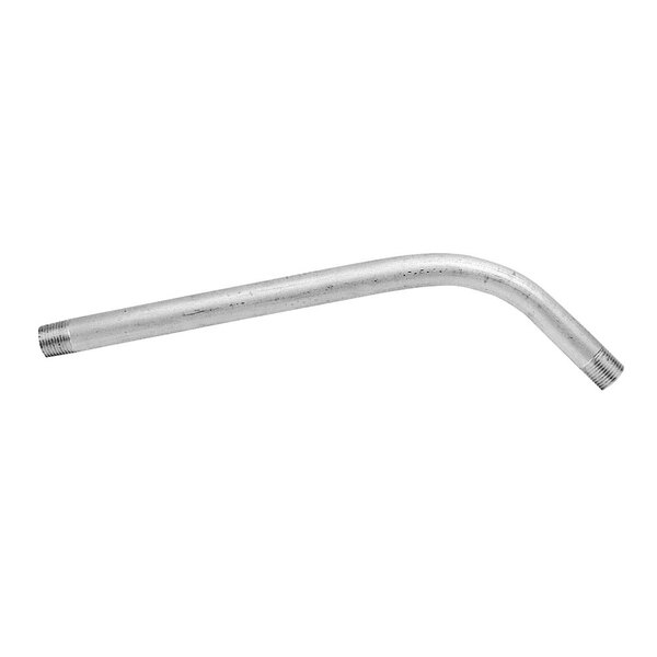 A silver stainless steel curved pipe with a long metal handle.