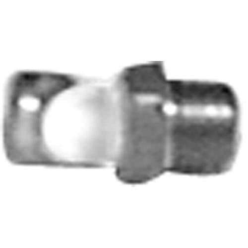 A close-up of a silver metal dishwasher rinse nozzle with a small hole.