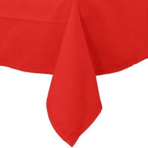 A red rectangular tablecloth with hemmed edges.