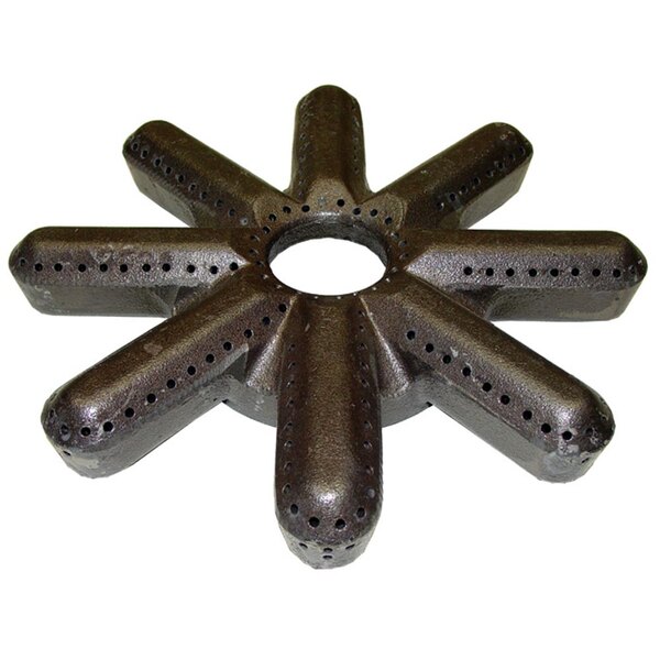 A black metal star-shaped cast iron burner head with holes.