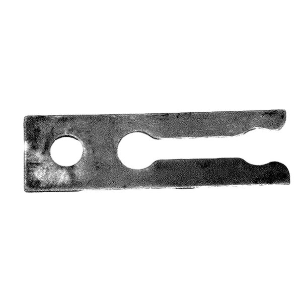 A metal bracket with a hole at one end and two small holes along the side.