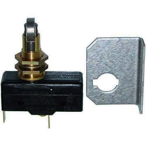 A close-up of a metal and brass All Points Momentary On/Off Door Micro Switch with a black device.
