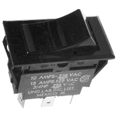 A close-up of a black All Points On/Off/On Rocker Switch with white lettering on a black background.
