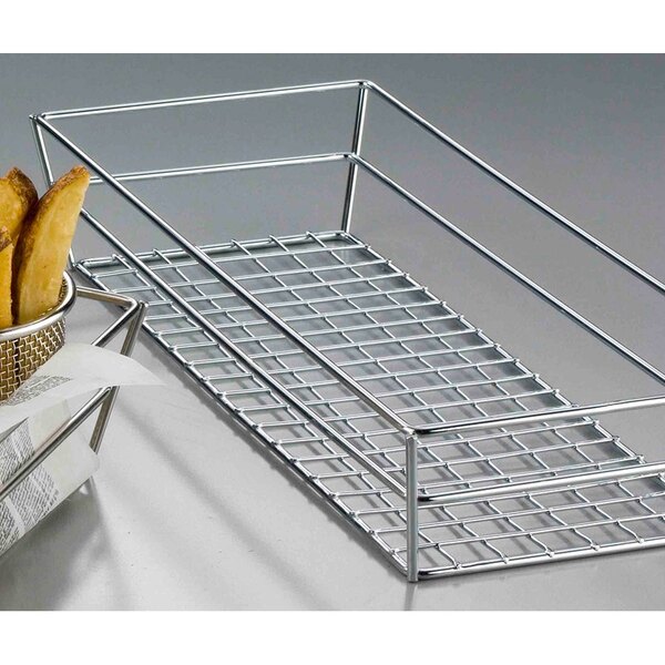 A stainless steel rectangular grid basket with french fries and chips.