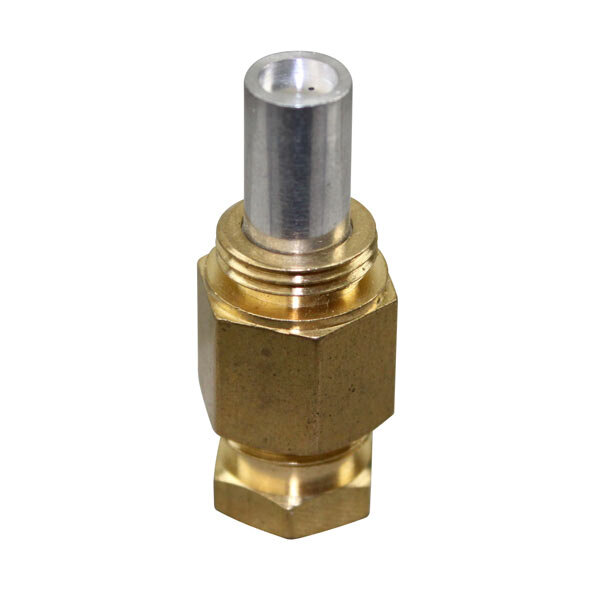 A gold and silver metal All Points Baso pilot orifice with a metal cylinder and nut.
