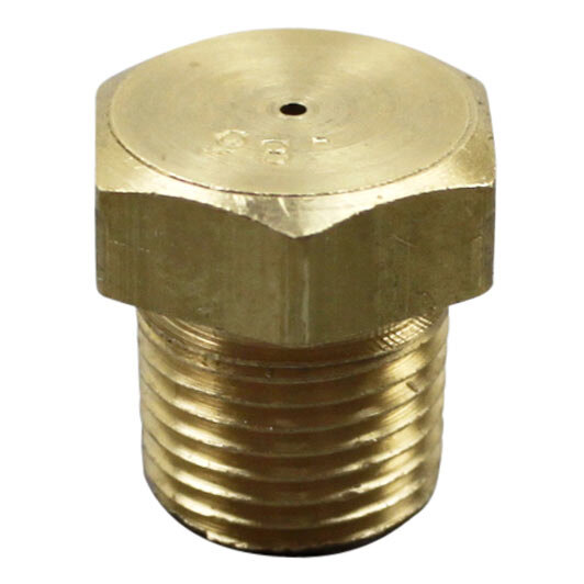 A close-up of a brass threaded nut on a white background.