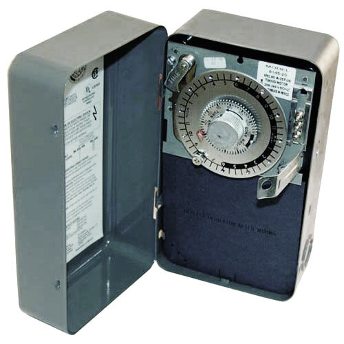 A metal box with a mechanical dial inside.
