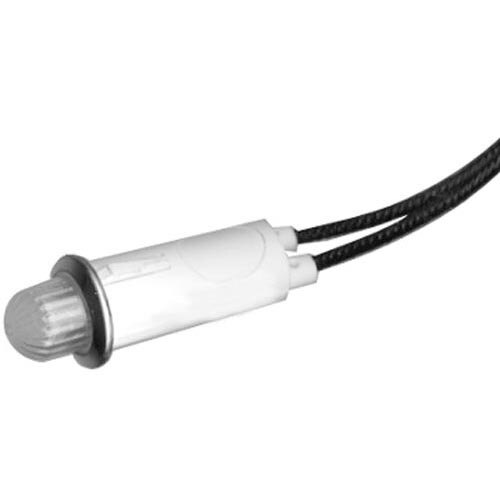 A white and black light bulb with a black cord and white tube.