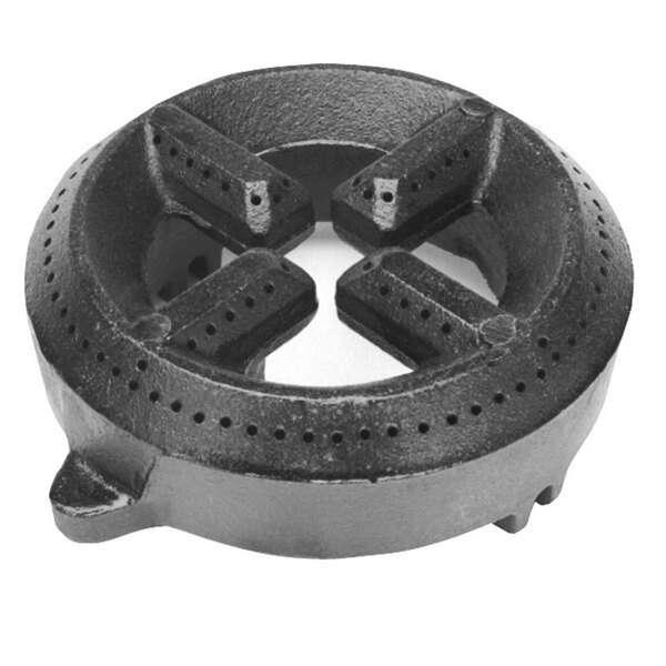A black cast iron burner head with holes in it.