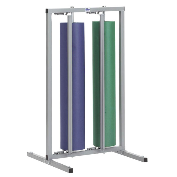 A Bulman vertical paper rack with two rolls of paper on it.