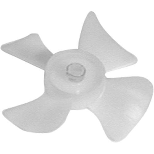 A close-up of a white plastic All Points fan blade with a circular design.