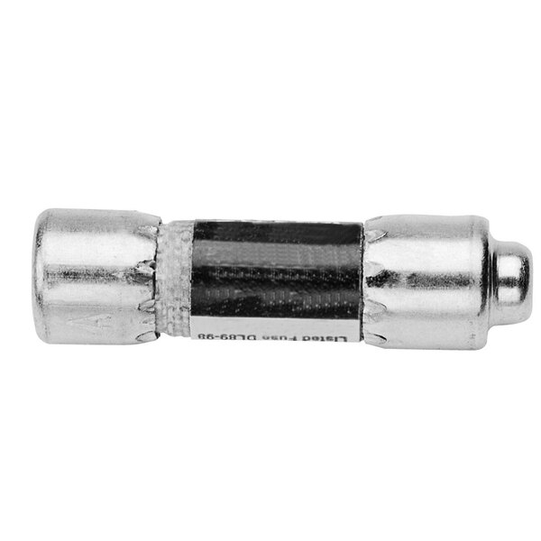 A silver metal fast acting ceramic fuse with a black metal cap.
