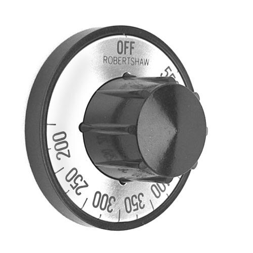 A black and white dial with white numbers and a black knob.