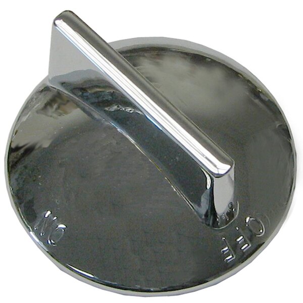 A chrome broiler range knob with a black and silver design.