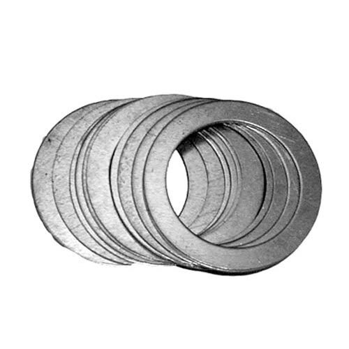 A pack of silver metal shims with a variety of thicknesses.
