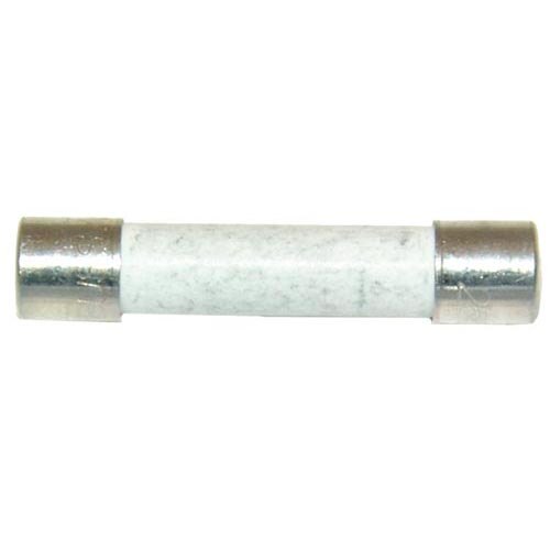 A close-up of a white and silver metal All Points fast acting ceramic fuse with a white metal cap.