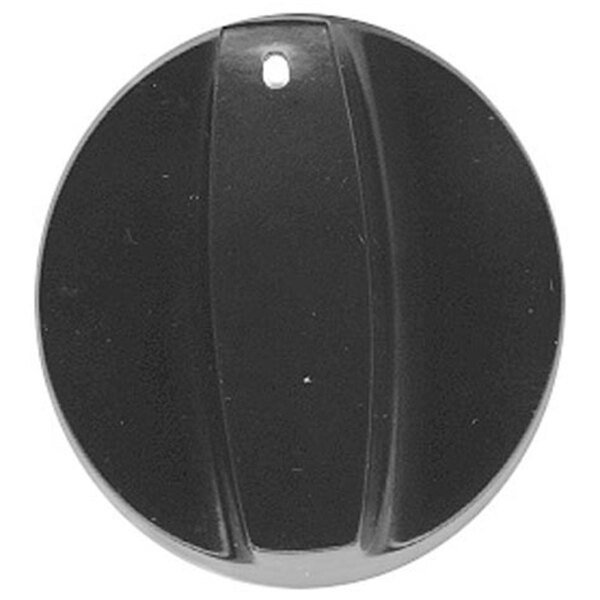A black round oven burner knob with a white dot on it.