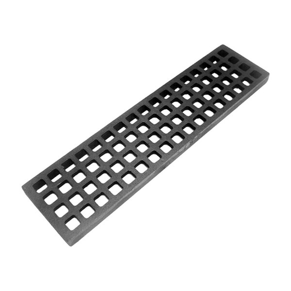 A black rectangular cast iron broiler grate with squares and holes.
