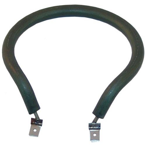 A green rubber tube with metal corners and a metal piece with a hole.