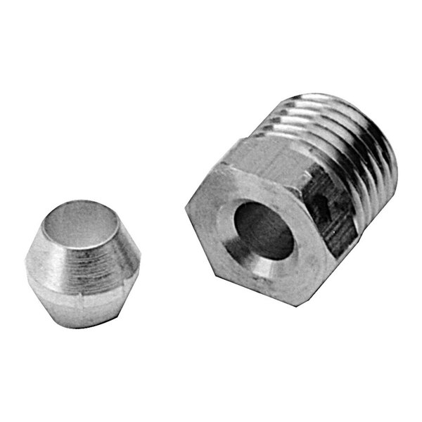 A close-up of a brass All Points reducer fitting with a stainless steel nut and a nut.