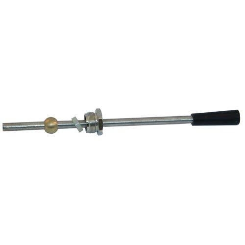 A metal rod with a black and brass lever handle.
