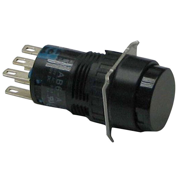 A black All Points momentary push button switch with two wires.