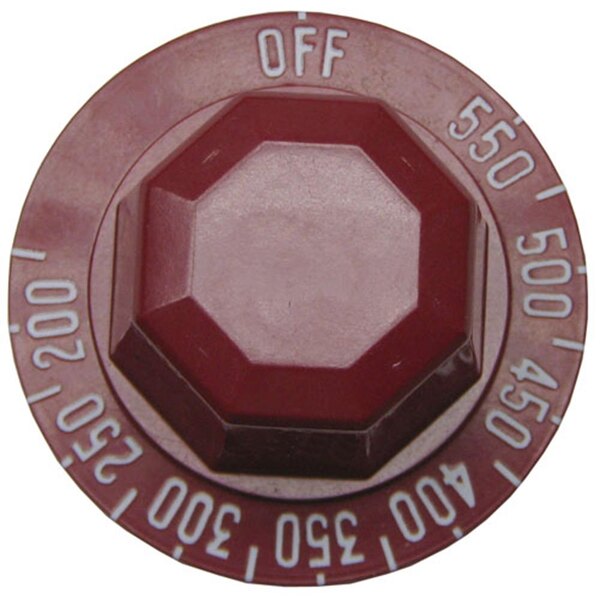 A red plastic All Points oven thermostat knob with white text on a hexagon-shaped sign.