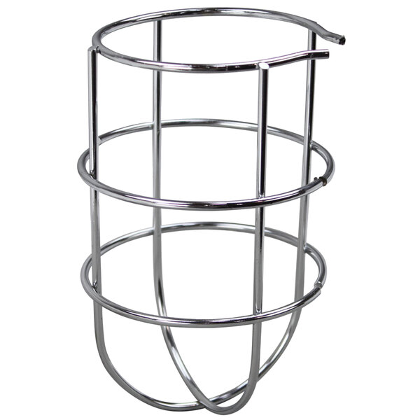 A metal basket with a curved design that fits over a light fixture.