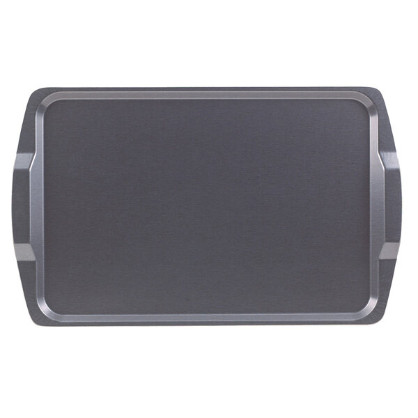 A rectangular brushed steel Cambro hotel room service tray with a handle.