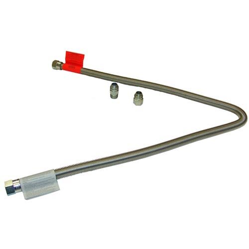 An All Points stainless steel gas hose with a red and silver cap.