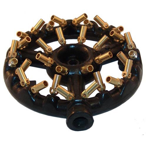 A black and gold circular cast iron jet burner with brass fittings.